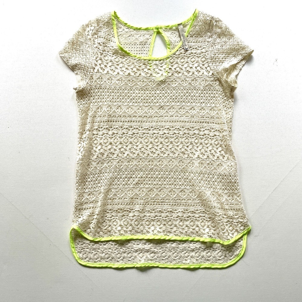 Paper Crane Women's Small Yellow Ivory Crochet Lace Neon Trim Boho Festival Top